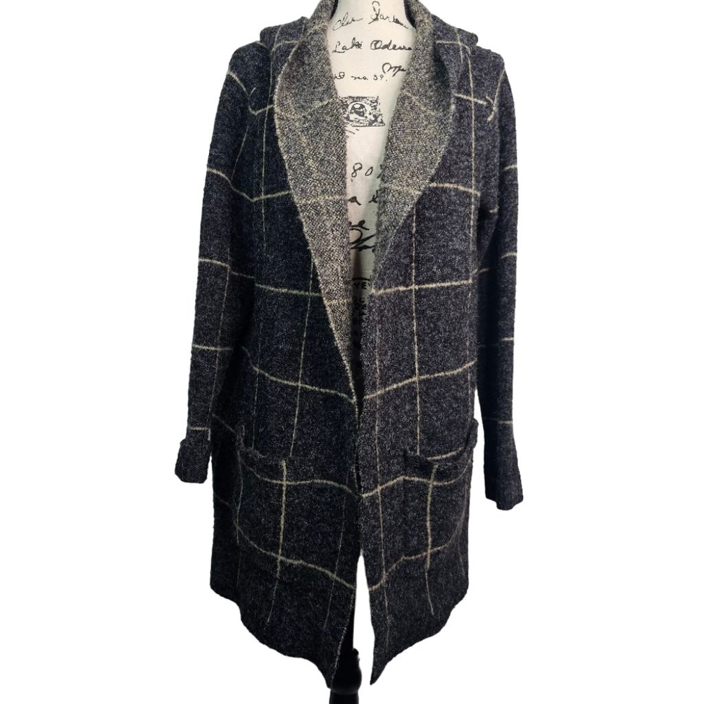 Windowpane Long Open-Front Sweater Coat - Black/Cream